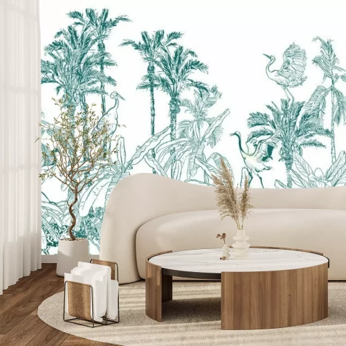 Papier peint  Seamless Border Animals in Tropical Forest with Banana Palms Blue on White background, Lithography Jungle Wallpaper Mural, Wildlife High End Back Drop Heron, Crane, Tiger, Leopard in Exotic Plants