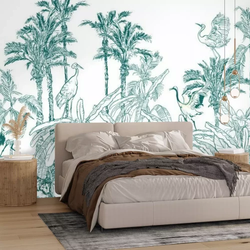 Sticker  Seamless Border Animals in Tropical Forest with Banana Palms Blue on White background, Lithography Jungle Wallpaper Mural, Wildlife High End Back Drop Heron, Crane, Tiger, Leopard in Exotic Plants