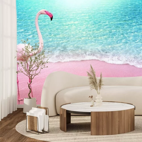 Papier peint  Flamant rose sur une plage rose