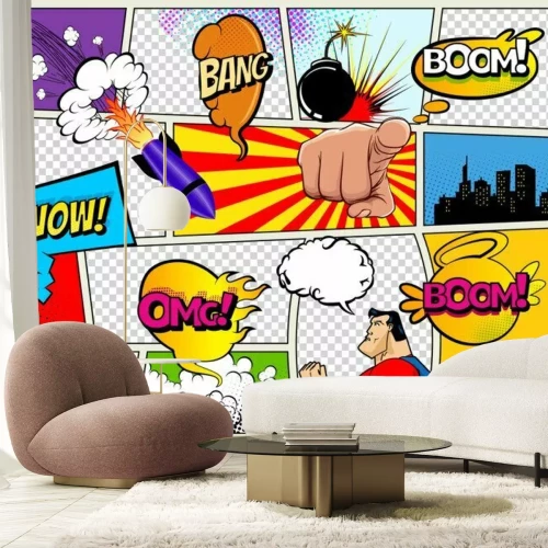 Papier peint  Grunge Retro Comic Speech Bubbles. Background with radial halftone effects and rays in pop-art style. Abstract Talking Clouds and Sounds