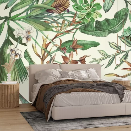 Papier peint  Feuilles tropicales avec des fleurs d'orchidée