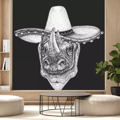 Sticker  Rhinoceros, rhino portrait. Sombrero is traditional mexican hat. Mexico. Head of wild animal.