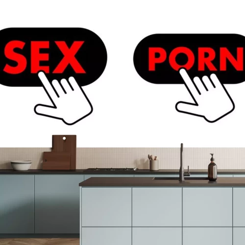 Sticker  User is using computer and internet fot visiting website and webpage with pornography, porn and pornographic sexual content.. Cursor is clicking on the button with text. Vector illustration.