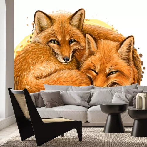 Sticker  Little foxes. Wall sticker. Realistic, artistic, hand-drawn portrait of two cute smiling sleeping little foxes in watercolor style on a white background.