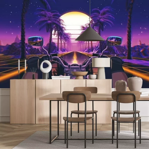 Papier peint  80s retro futuristic sci-fi background with motorcycle pov. Riding in retrowave VJ videogame landscape, neon lights and low poly grid. Stylized biker vintage vaporwave 3D animation background. 4K