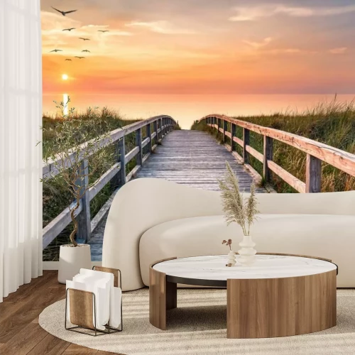 Papier peint  Jetée vers la mer au lever du soleil