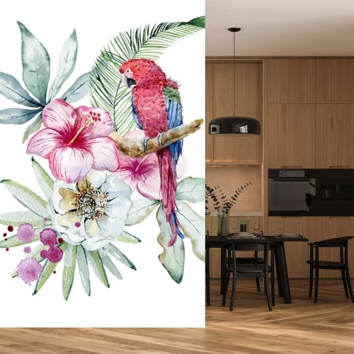 Sticker  Graphiques avec des plantes tropicales et un perroquet