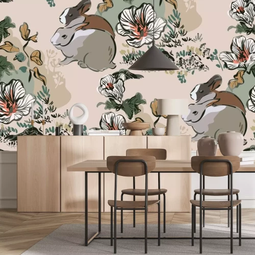 Sticker  Lapins peints au milieu de fleurs