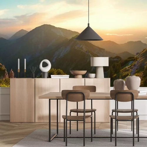 Papier peint  Alpine landscape panorama in the evening, herzogstand mountain