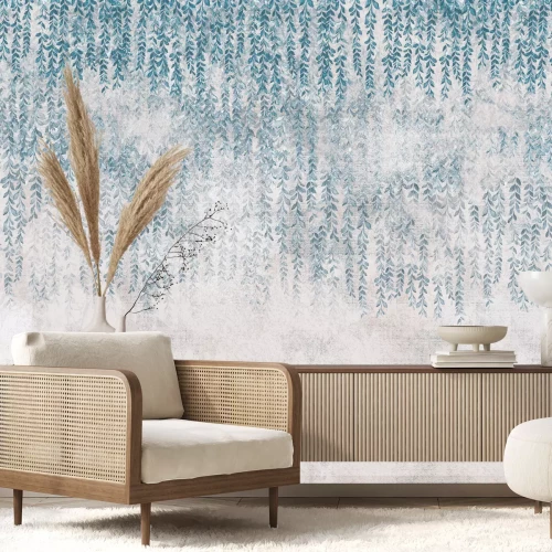 Papier peint  Feuilles sur texture béton