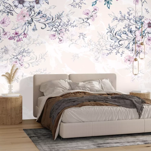 Papier peint  Fleurs grimpantes sur fond marbre