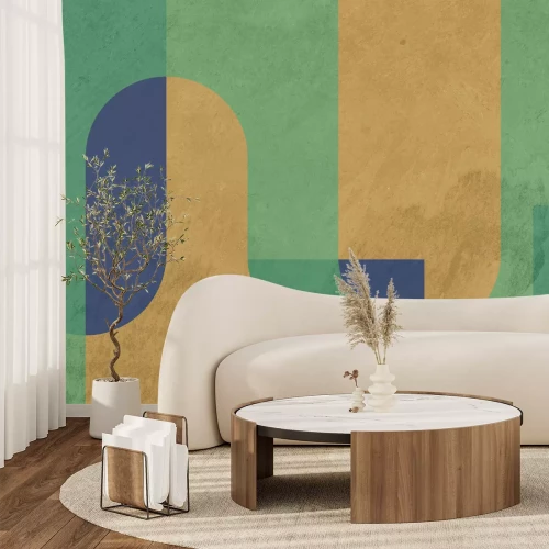 Papier peint  Blocs géométriques verts et jaunes avec effet texture béton