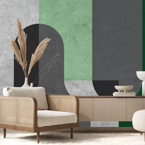 Papier peint  Blocs géométriques verts et gris avec effet texture béton