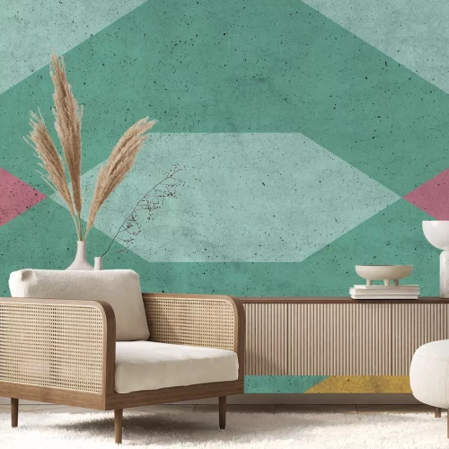 Papier peint  Figures géométriques à dominante verte sur texture béton