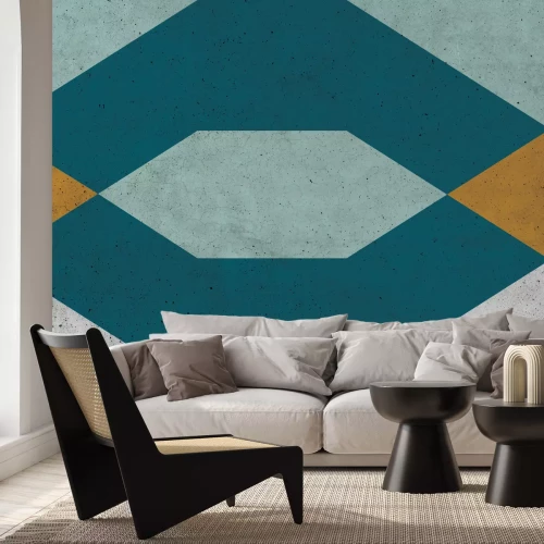 Papier peint  Figures géométriques à dominante turquoise sur texture béton