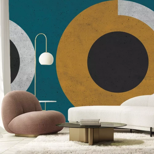 Papier peint  Des cercles sur fond turquoise et texture béton