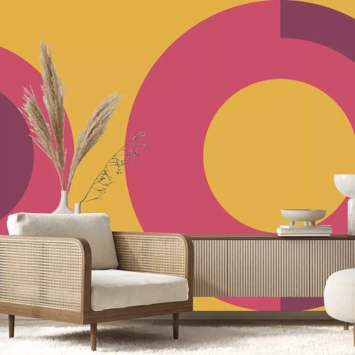 Papier peint  Cercles roses sur fond jaune