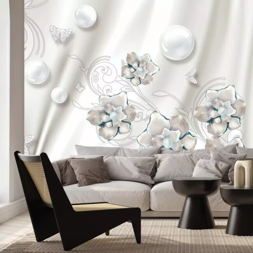 Papier peint  Boules blanches avec des fleurs