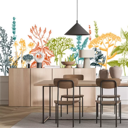 Papier peint  Motif d'herbes colorées sur fond blanc