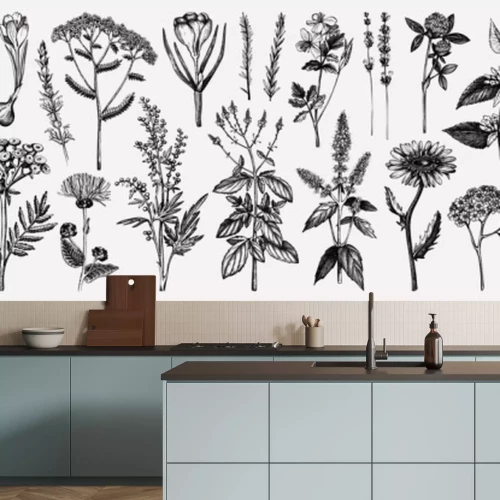 Papier peint  Motif noir et blanc de plantes et d'herbes sauvages