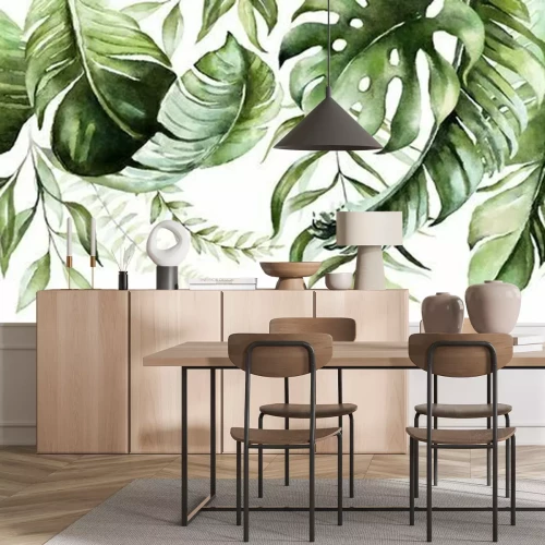 Papier peint  Green tropical leaves on white background. Watercolor hand painted seamless border. Floral tropic illustration. Jungle foliage pattern.