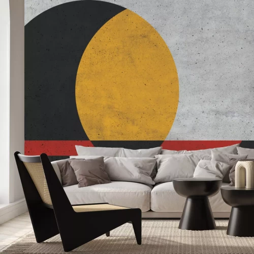 Papier peint  Cercle noir et jaune avec élément rouge sur texture béton