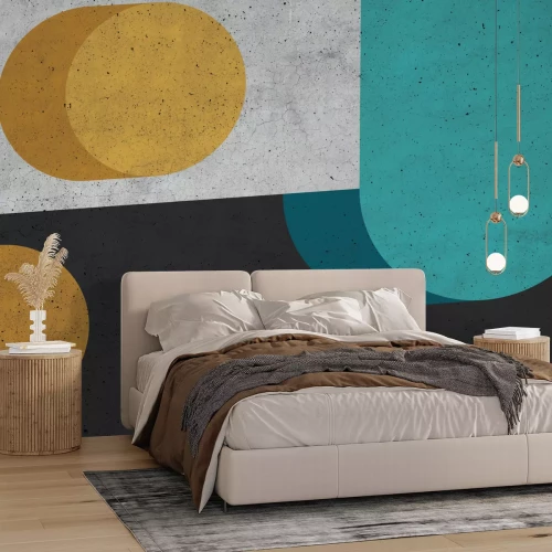 Papier peint  Composition jaune et turquoise sur texture béton