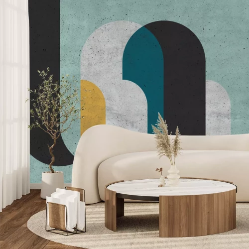 Papier peint  Figures cylindriques avec élément jaune et effet béton