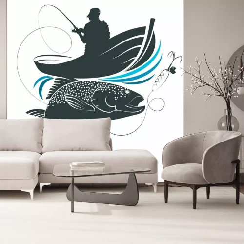 Sticker  Fisherman with fishing rod in a boat and fish design