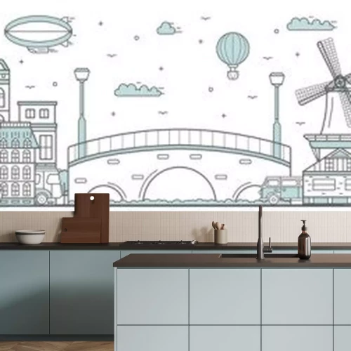 Sticker  Amsterdam skyline. Line cityscape with famous building landmarks panorama. Amsterdam skyline with street Royal Palace, mill city sights and canal bridge. Capital city outline, architecture concept