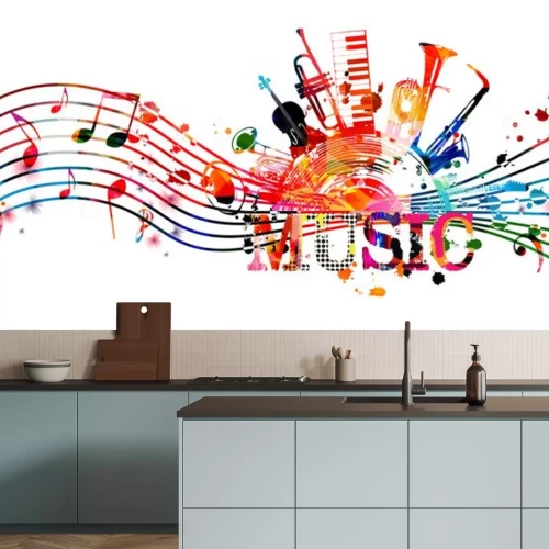 Sticker  Colorful music promotional poster with music instruments and notes isolated vector illustration. Artistic abstract background for live concert events, music show and festival, party flyer design