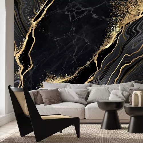 Papier peint  Abstract black marble background with golden veins, japanese kintsugi technique, fake painted artificial stone texture, marbled surface, digital marbling illustration