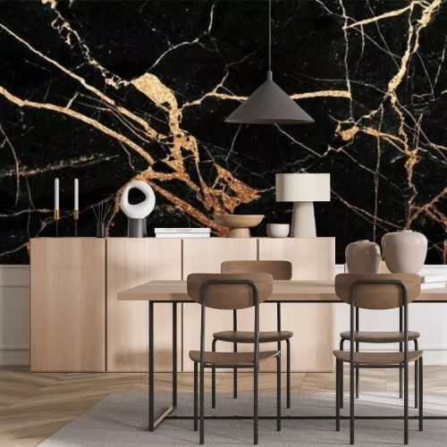 Papier peint  Marbre noir avec des fissures jaunes