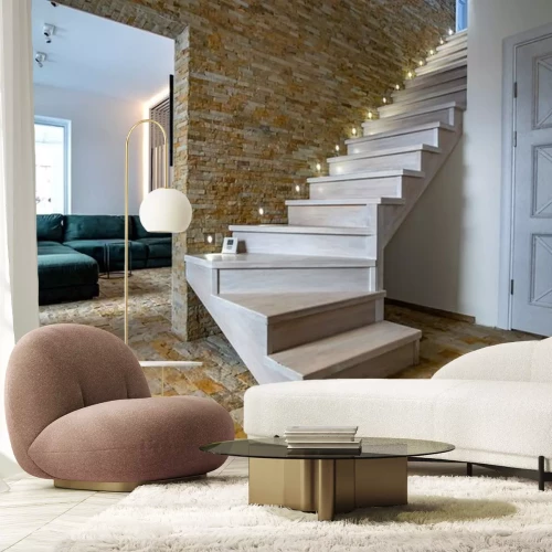 Sticker  Stylish wooden contemporary staircase inside loft house interior. Modern hallway with decorative limestone brick walls and white oak stairs.