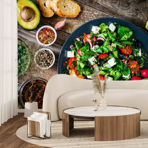 Papier peint  Aliments sains sur fond de plaquettes en bois