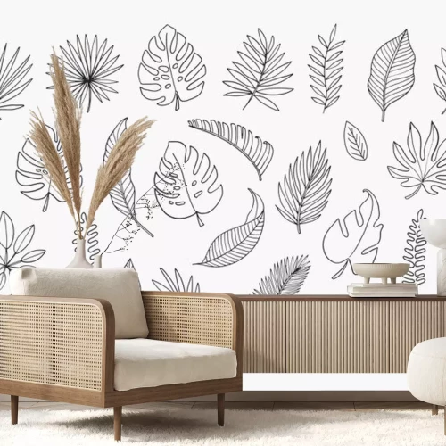 Sticker  Tropical Leaves in doodle style. Vector hand drawn black line design elements. Exotic summer botanical illustrations. Monstera leaves, palm, banana leaf.