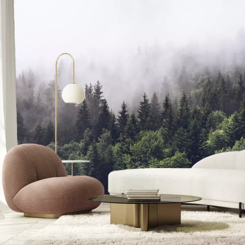 Papier peint  Pente de montagne boisée dans les nuages ​​bas