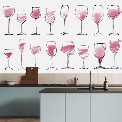Sticker  Watercolor and hand drawn sketch of wine glasses set with red wine. Wine glass collection isolated on white, art design.