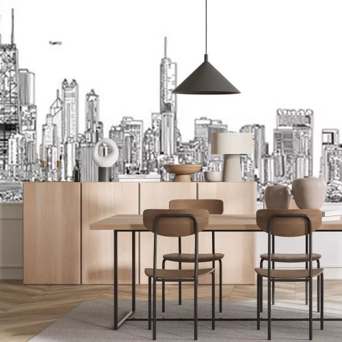 Sticker  Hand drawn illustration. Panorama of the Chicago skyline. Detailed ink look and feel. Black and white.