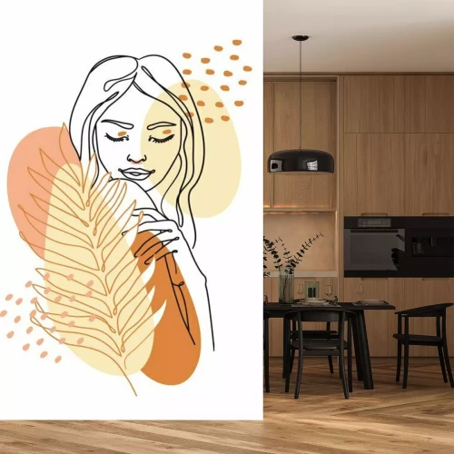 Papier peint  Portrait d'une femme avec une feuille dans un style moderne