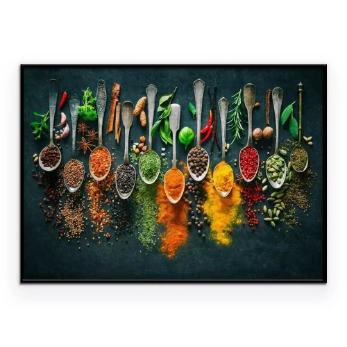 Poster  Herbes et épices pour cuisiner sur fond sombre