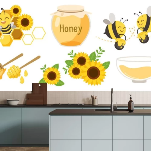 Sticker  The collection of cute character of cute bee with beehive and honey jar and honey spoon and sunflower in flat vector style.Graphic resource about bee for graphic,content , banner, sticker label.