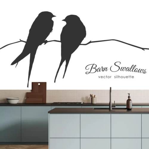 Sticker  Dessin noir et blanc de deux oiseaux sur une fine brindille