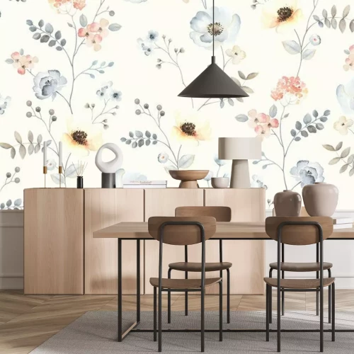 Papier peint  Motif délicat de fleurs bleues et de baies