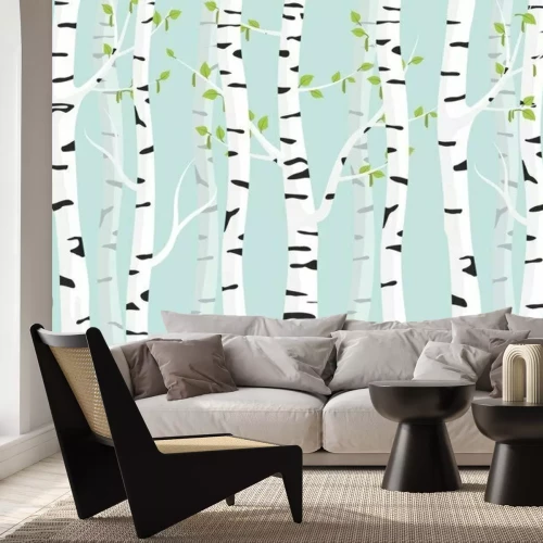Papier peint  Birch forest background. Spring birch green young leaves spotty bark on tree black vector spots white trunk, romantic seasonal park april grove background revived spring.