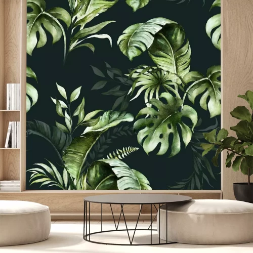 Papier peint  Feuilles vertes version aquarelle sur fond noir