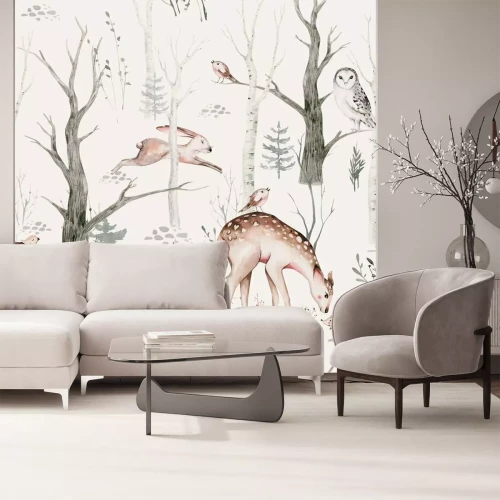 Papier peint  Watercolor Woodland animal Scandinavian seamless pattern. Fabric wallpaper background with Owl, hedgehog, fox and butterfly, rabbit forest squirrel and chipmunk, bear and bird baby animal,