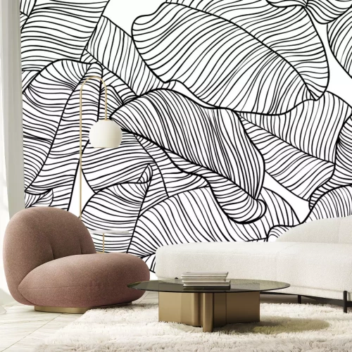 Sticker  Dessin noir et blanc avec des feuilles d'une plante tropicale