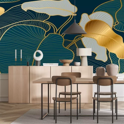 Papier peint  Feuilles de style Art Deco avec des éléments dorés