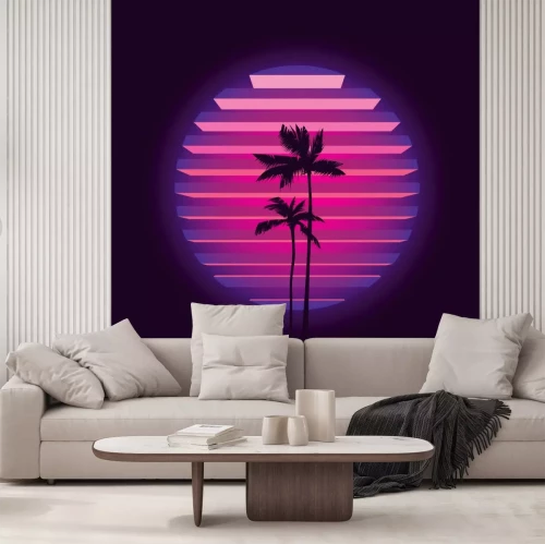 Sticker  Original vector illustration in neon style. Palm trees on the background of a neon sunset in the retro style of the 80's. T-shirt design.